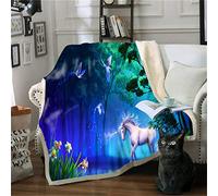 Oduo Couverture Polaire Epaisse Enfant/Adulte, Microfibre Sherpa 3D Douce Moelleuse Chaud en Hiver Multifonctionnelle Couverture pour Canapé-lit Canapé Salon (Licorne de la forêt,150x250cm)