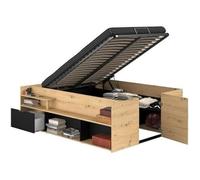 ODYSSEE Lit coffre adulte - 140x190 / 200 cm - Avec coffre relevable - Décor chêne et noir - 166,2 x 66,5 x 205,8 cm