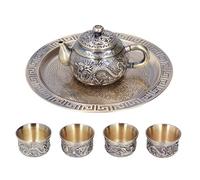 OEBUAFI Ensemble de Théière Marocaine Vintage avec Motif en Relief Exquis | Construction en Alliage de Zinc, 4 Tasses avec Assiette Incluse, pour Décoration de Table ou Cadeau, Finition