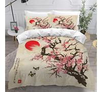 OENISE Sakura Papillon Housse de Couette 240x260 Adulte 3D Motif Japonais Rétro Parure de Lit 2 Personnes en Doux Microfibre Linge de Lit 3 Pièces avec Fermeture Éclai et 2 Taie d'oreiller 50x75