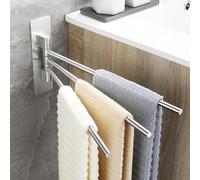 OETAMS Porte Serviette Pivotant à 180° Salle De Bain sans Percage Adhesif Double Porte Serviette Acier Inoxydable Mural Porte Serviettes pour Cuisine 3 Barres Argenté Brossé