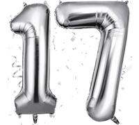 OFFCUP Ballon d'Anniversaire 17 Ans Argent, Foil Ballon Numéro Chiffre 101cm, Gonflable Hélium, Deco Anniversaire 17 Ans Grand Ballons pour Fête Party Mariage
