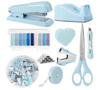 OFFCUP Ensemble de Fournitures de Bureau, Kit d'accessoires de Bureau, Distributeur de Ruban Adhésif, Dissolvant d'agrafes, Agrafeuse avec Agrafes, Ciseaux, Notes Autocollantes pour Maison L'éCole