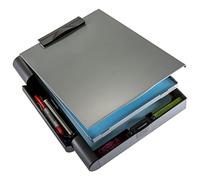 Officemate - Porte-formulaires en plastique recy ormat A4) - Boîte de rangement compacte pour documents et presse papier à pince, stylo séparé et compartiment magnétique - Gris / noir OIC83357
