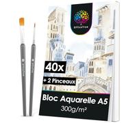 OfficeTree 40x Papier Aquarelle A5 300g avec 2 Pinceaux - Feuille Aquarelle A5 - Papier Aquarelle 300g - Bloc Aquarelle Papier pour Aquarelle - Papier Dessin - Watercolor Paper