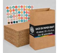 OfficeTree 40x Sac Papier Kraft 22x13x8 cm - Sachet Kraft 80g/m² avec Fond et 60 Autocollants - Sachet Papier Kraft Alimentaire, Anniversaire, Calendrier de l'Avent, Cadeaux - Sac en Papier Kraft