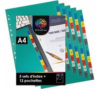 OfficeTree 5x Intercalaires Classeur A4 12 Positions et 12x Pochette Plastiques A4 - Intercalaires 12 Positions Multicolore - Impression du Numéro 1-12 - Intercalaire A4 - Séparateur Classeur