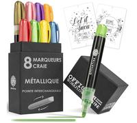 OfficeTree 8x Marqueur Craie Effacable Metallique - 1mm à 6mm Pointes Interchangeables - Feutres Craie Metallique - Feutre Fenetre Effacable - Feutre Craie Effacable Tableau Noir - Chalk Marker