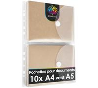OfficeTree Lot de 10 pochettes plastiques porte-documents transparentes, format A4 à double compartiment A5 avec perforation, fermeture et œillets