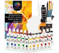 OfficeTree Peintures à l'huile avec pinceaux et palette - 24 x 12 ml - Lot de tubes de peinture avec accessoires - Kit de démarrage complet avec térébenthine, médium à peindre et bloc à dessin