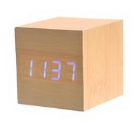 OFFIGAM Réveil Alimentation par Piles 4 AAA en Bois avec LED Bleue Miniature Forme Cube Affichage Date et Température, Automatique de Luminosité