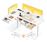 OffiGo Bureau Angle Assis Debout Electrique avec 4 Tiroirs, 140cm, Blanc | Grand d'angle Bureau avec Prise, Standing Desk Bureau Réglable en Hauteur Réglable en Hauteur avec Rangement pour la Maison