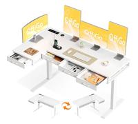OffiGo Bureau Angle Assis Debout Electrique avec 4 Tiroirs, 160cm, Blanc | Grand d'angle Bureau avec Prise, Standing Desk Bureau Réglable en Hauteur Réglable en Hauteur avec Rangement pour la Maison