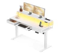 OffiGo Bureau Assis Debout 140cm, Bureau Electrique avec 2 Tiroirs, Standing Desk avec Support de Moniteur, Table Ordinateur avec Chargeur et Lumière LED pour la Maison, Blanc