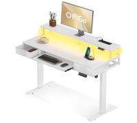 OffiGo Bureau Assis Debout avec 2 Tiroirs, Bureau Electrique 120cm, Blanc | Bureau Reglable en Hauteur électrique avec Support de Moniteur, Standing Desk avec Chargeur et Lumière LED pour la Maison