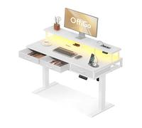 OffiGo Bureau Assis Debout avec 3 Tiroirs, 120cm Bureau Electrique, Blanc | Support de moniteur, bureau électrique réglable en hauteur, chargeur intégré, LED, idéal pour le télétravail