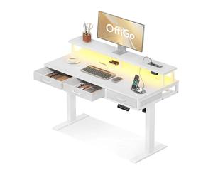 OffiGo Bureau Assis Debout avec 3 Tiroirs, 120cm Bureau Electrique, Blanc | Support de moniteur, bureau électrique réglable en hauteur, chargeur intégré, LED, idéal pour le télétravail