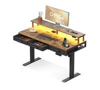 OffiGo Bureau Assis Debout avec 3 Tiroirs, 120cm Bureau Gaming, Marron | Support de moniteur, bureau électrique réglable en hauteur, chargeur intégré, LED, idéal pour le télétravail
