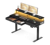 OffiGo Bureau Assis Debout avec 3 Tiroirs, 140cm Bureau Electrique avec Support de Moniteur, Standing Desk avec Chargeur et Lumière LED, Table pour Le Travail, Noir