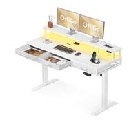 OffiGo Bureau Assis Debout avec 3 Tiroirs, 140cm Bureau Electrique, Blanc | Support de moniteur, bureau électrique réglable en hauteur, chargeur intégré, LED, idéal pour le télétravail
