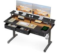 OffiGo Bureau Assis Debout avec 3 Tiroirs, 140cm Bureau Gaming, Noir | Support de moniteur, bureau électrique réglable en hauteur, chargeur intégré, LED, idéal pour le télétravail