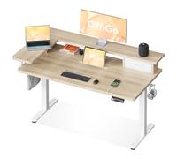 OffiGo Bureau Assis Debout avec Tiroir et USB, 120×60 cm, Beige | Support d'écran en L, 3 mémoires, bureau assis debout électrique pour le télétravail, USB intégré, 72-118 cm
