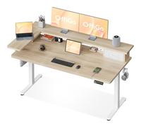 OffiGo Bureau Assis Debout avec Tiroir et USB, 140×60 cm, Beige | Support d'écran en L, 3 mémoires, bureau assis debout électrique pour le télétravail, USB intégré, 72-119 cm