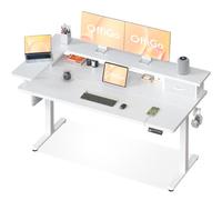 OffiGo Bureau Assis Debout avec Tiroir et USB, 140×60 cm, Weiß | Support d'écran en L, 3 mémoires, bureau assis debout électrique pour le télétravail, USB intégré, 72-121 cm
