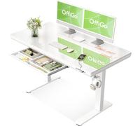 OffiGo Bureau Assis Debout en Verre avec Tiroir 120×60 cm, Blanc | Bureau électrique en verre avec tiroir, Bureau réglable en hauteur avec USB et Type C, Table assis debout pour télétravail