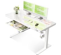 OffiGo Bureau Assis Debout en Verre avec Tiroir 140×60 cm, Blanc | Bureau électrique en verre avec tiroir, Bureau réglable en hauteur avec USB et Type C, Table assis debout pour télétravail