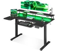 OffiGo Bureau Assis Debout Forme de U, 120 cm Bureau Electrique avec Support pour écran, Prises et Port USB, Standing Desk avec LED, Table Gaming Réglable en Hauteur, Noir