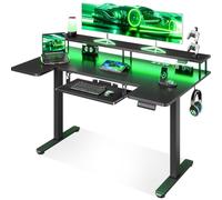 OffiGo Bureau Assis Debout Forme de U, 140 cm Bureau Electrique avec Support pour écran, Prises et Port USB, Standing Desk avec LED, Table Gaming Réglable en Hauteur, Noir