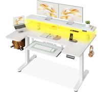 OffiGo Bureau Électrique avec Support Écran 140×74 cm, Blanc | Plateau forme en U, USB et prises intégrés, Bureau assis debout avec 4 mémoires, Table réglable pour télétravail