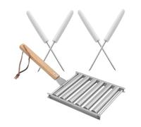 OFFSCH Grille de Barbecue Inox Amovible avec Rouleaux à Hot-dog, Support Portable en Acier Inoxydable, Poignée Bois, pour Barbecue de Jardin et Extérieur, Ensemble 5 Pièces (1 Grille 4