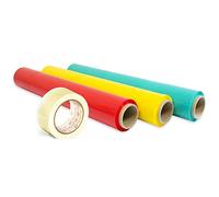 OFITURIA Lot de 3 films d'emballage de couleurs + ruban adhésif transparent, rouleau élastique 50 cm extensible jusqu'à 300 m, protecteur pour déménagement (rouge, jaune et vert + ruban transparent)
