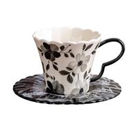 OHAANYY Tasse à Café avec Soucoupe en Porcelaine, Design Fleuri, noir
