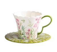 OHAANYY Tasse à Café avec Soucoupe en Porcelaine, Design Fleuri, Vert
