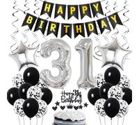 Ohaoduo Décoration Anniversaire 31 ans Homme et Femme, Noir et Argent, Ballons Numériques, Guirlande, Latex, Confettis, Cœur, Étoiles, Suspensions, Rubans