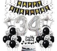 Ohaoduo Décoration Anniversaire 34 ans Homme et Femme, Noir et Argent, Ballons Numériques, Guirlande, Ballons Latex, Confettis, Cœur, Étoiles, Suspensions, Rubans