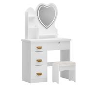 ohfruit Bureau éclairé par LED en Forme de cœur avec 4 tiroirs et étagères Ouvertes, Coiffeuse de Maquillage avec Tabouret pour Chambre à Coucher, luminosité réglable en 3 Couleurs UE