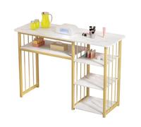 ohfruit Table à ongles pour salon de beauté et de nail tech, avec texture marbrée et cadre doré robuste, étagères latérales à 3 niveaux pour le rangement, station de spa moderne, blanc