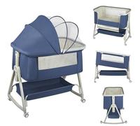 OHMG 3 en 1 Berceau Cododo,Lit Cododo Bebe Pliable,0-36 Mois,20 kg Max,Réglable Inclinaisons et 4 Hauteurs,Système Coulissant,Matelas Confort,Grand Panier (Bleu（50 * 91 * 68-81cm）)