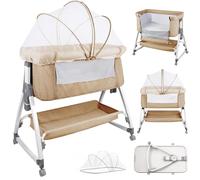 OHMG 3 en 1 Berceau Cododo pour Bébé,Inclinaison&Hauteur Réglable,Lit Cododo de Bébé avec Matelas Moelleux et Moustiquaire 4 Roues,pour 1 à 36 Mois (Blanc de Riz（80X40X100-115cm）)