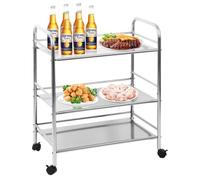 OHMG Chariot de Service desserte de Cuisine à roulettes 3 Plateaux,INOX,Desserte Cuisine à roulettes,Etagères de Rangement,Catering Chariot de Service Restaurant Cantine Restauration (61 * 36 * 75cm)