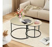 OHMG Lot de 2 Table Basse Aspect marbre,Table d'appoint pour Salon,Diamètre 70+50 cm,Grande Tables gigognes Ronde,Aspect marbre et Structure en Acier doré (Bois Clair+Noir-70 * 70 * 45cm)