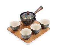 OHPHCALL Service à Thé en Céramique Portable pour Voyage et Maison 4 Tasses, Théière en Bois, Acier Inoxydable, Céramique et Toile, Isolation Thermique pour Amateurs de Thé