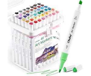 Ohuhu feutres alcool, Ohuhu 48 couleurs, feutre a alcool à double pointe fine et biseautée pour les débutants, les adultes, le coloriage, le dessin, le croquis, l'architecture, l'paysage