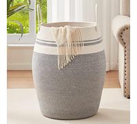 OIAHOMY Grand panier à linge en corde tissée - 65 cm de haut - Panier incurvé moderne avec poignées allongées - Rangement des vêtements, salle de bain - Pliable - Blanc et gris clair
