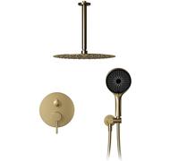 OihPaw Colonne de douche, ensemble de douche encastré complet en or brossé | Douche encastrable, pomme ronde haute pression 40 cm à effet pluie orientable à 360°, buses anticalcaires, douchette à main