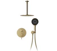 OihPaw Colonne de douche, ensemble de douche encastré complet en or brossé | Pomme de douche ronde à effet pluie 30 cm, orientable à 360°, pommeau rond haute pression autonettoyant avec flexible 1,5 m